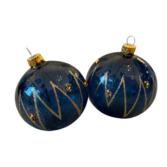 VITBIS Handcrafted Glass Ornaments Set of 6 Navy Blue & Gold Made in Poland NEW - Picture 2 of 16